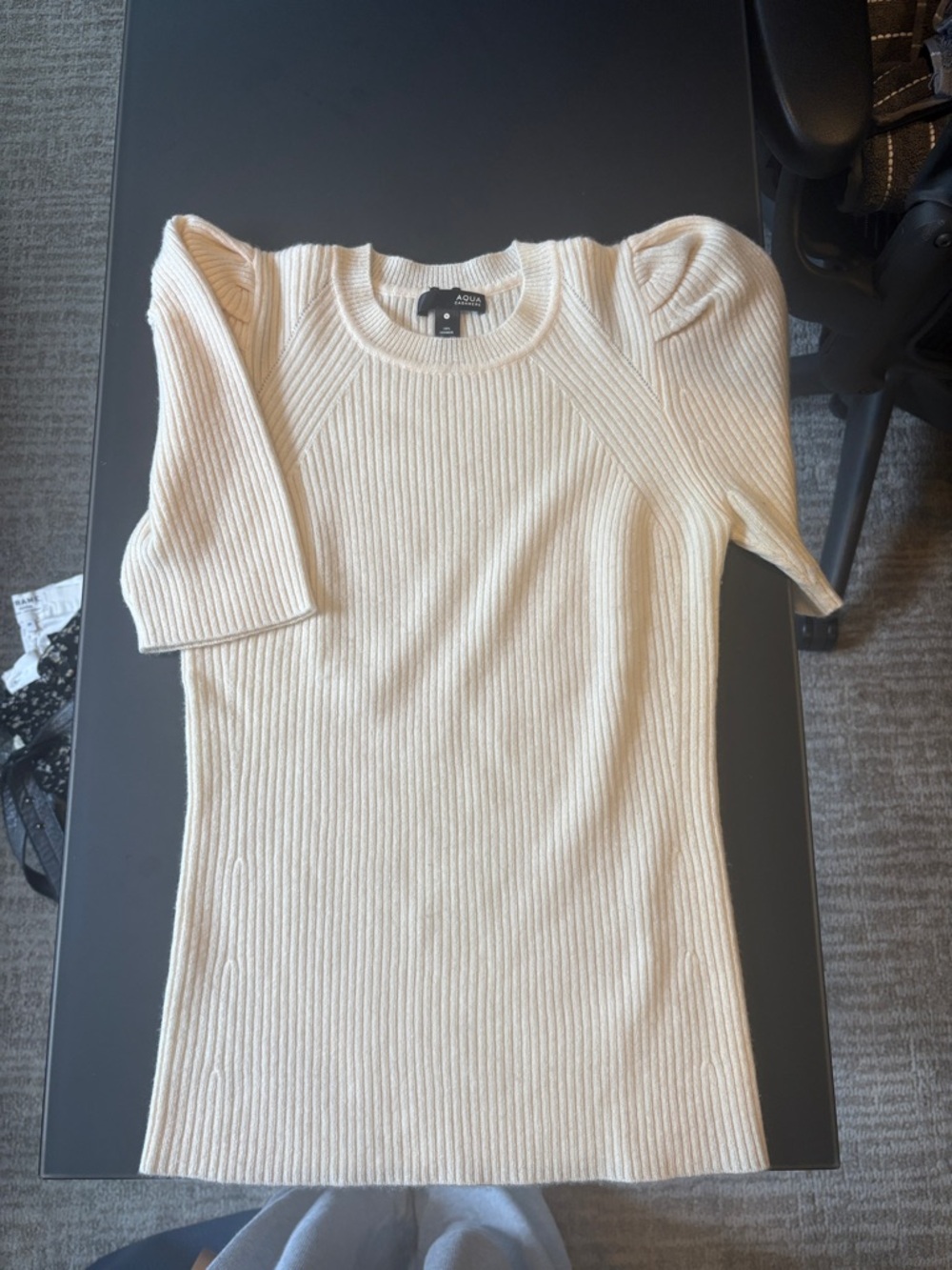 Aqua Cream Ribbed Puff-Sleeve cashmere Crewneck Sweater